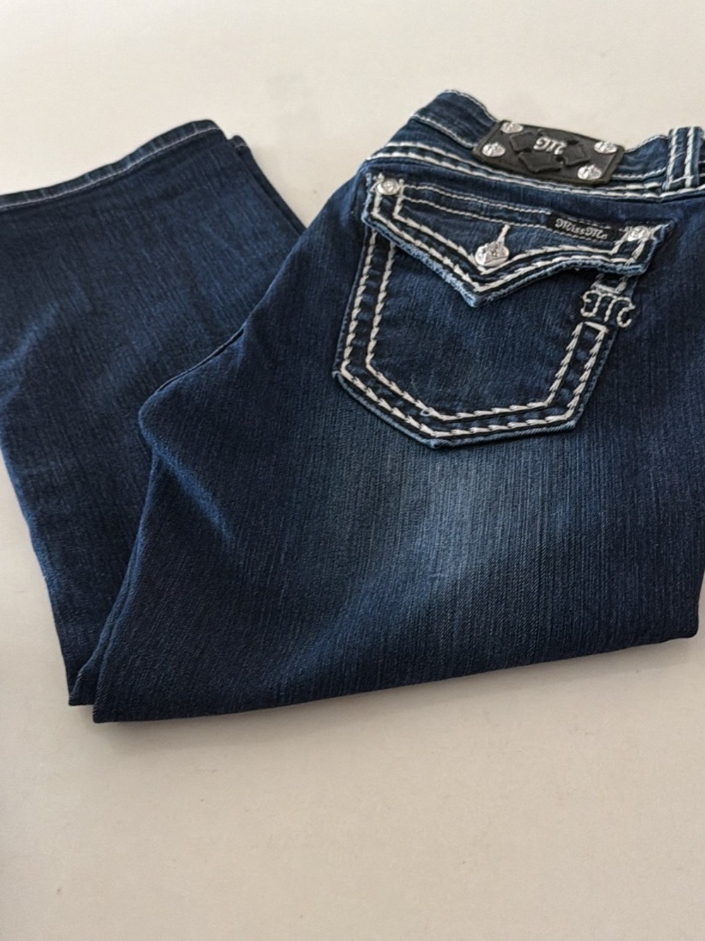 Miss Me Dark Blue Embroidered Waistband Denim Capri